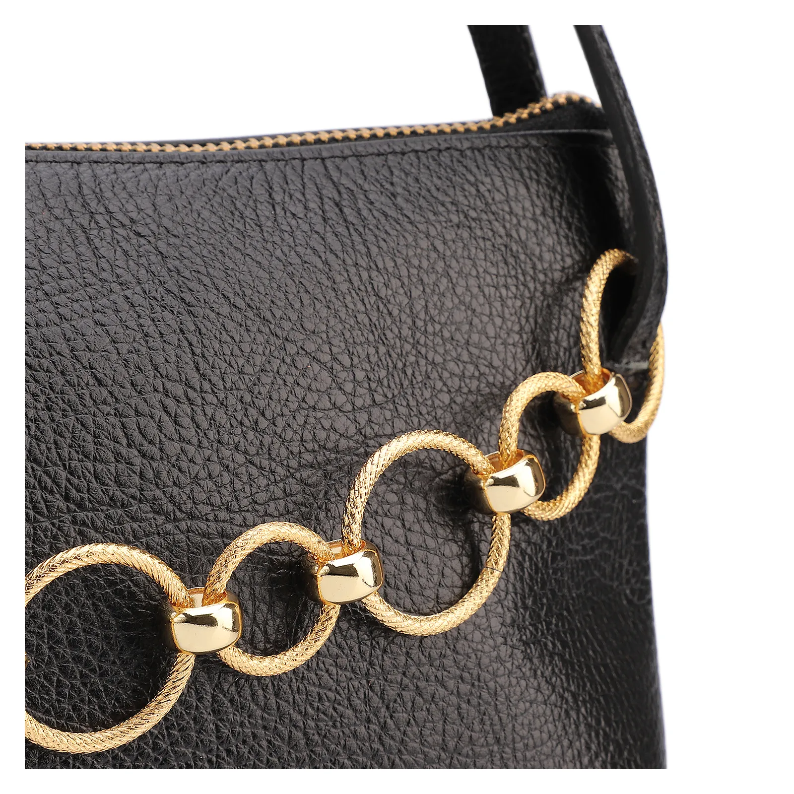 Bolsa De Ombro Média Couro Antique Preta Corrente Frontal Dourada