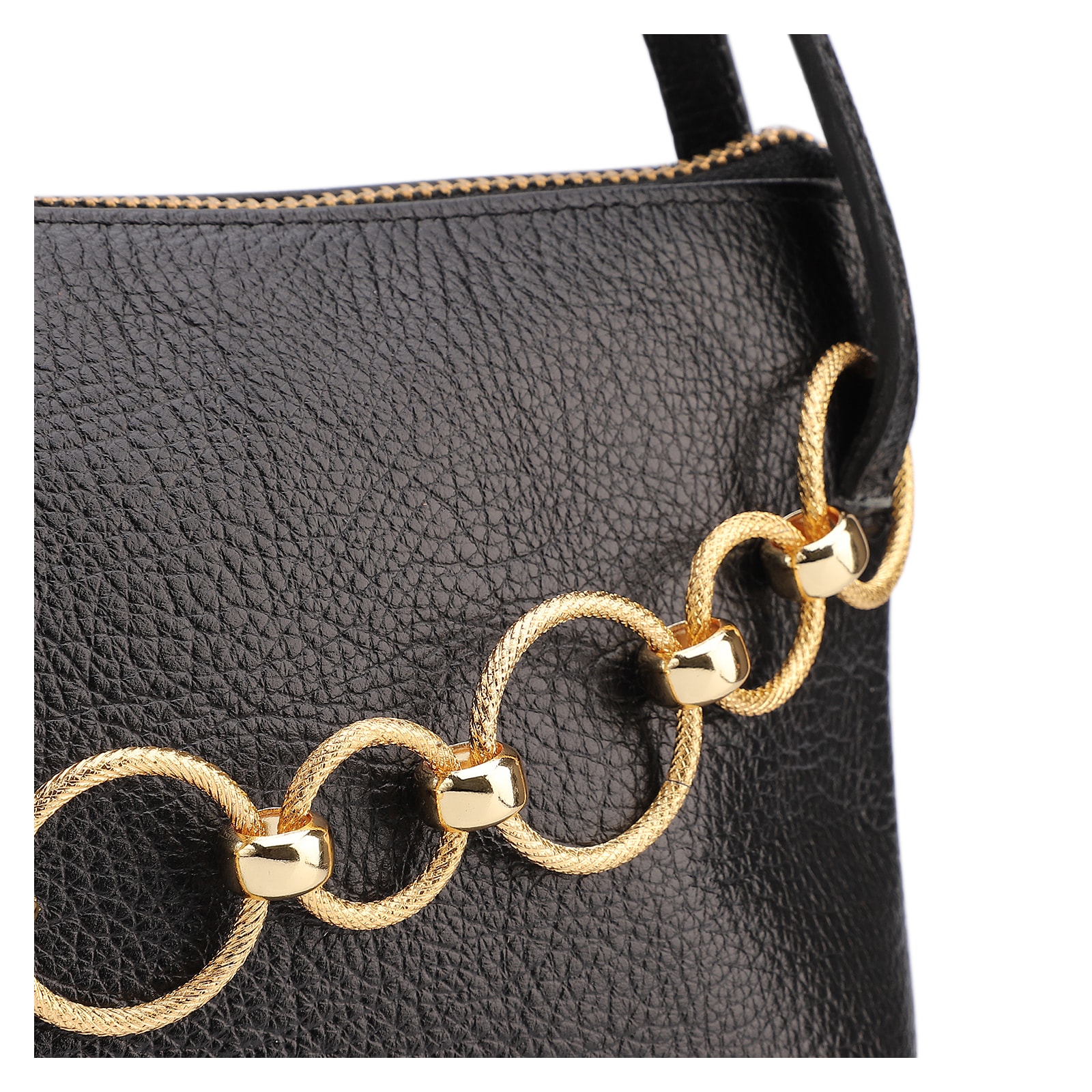 Bolsa De Ombro Média Couro Antique Preta Corrente Frontal Dourada
