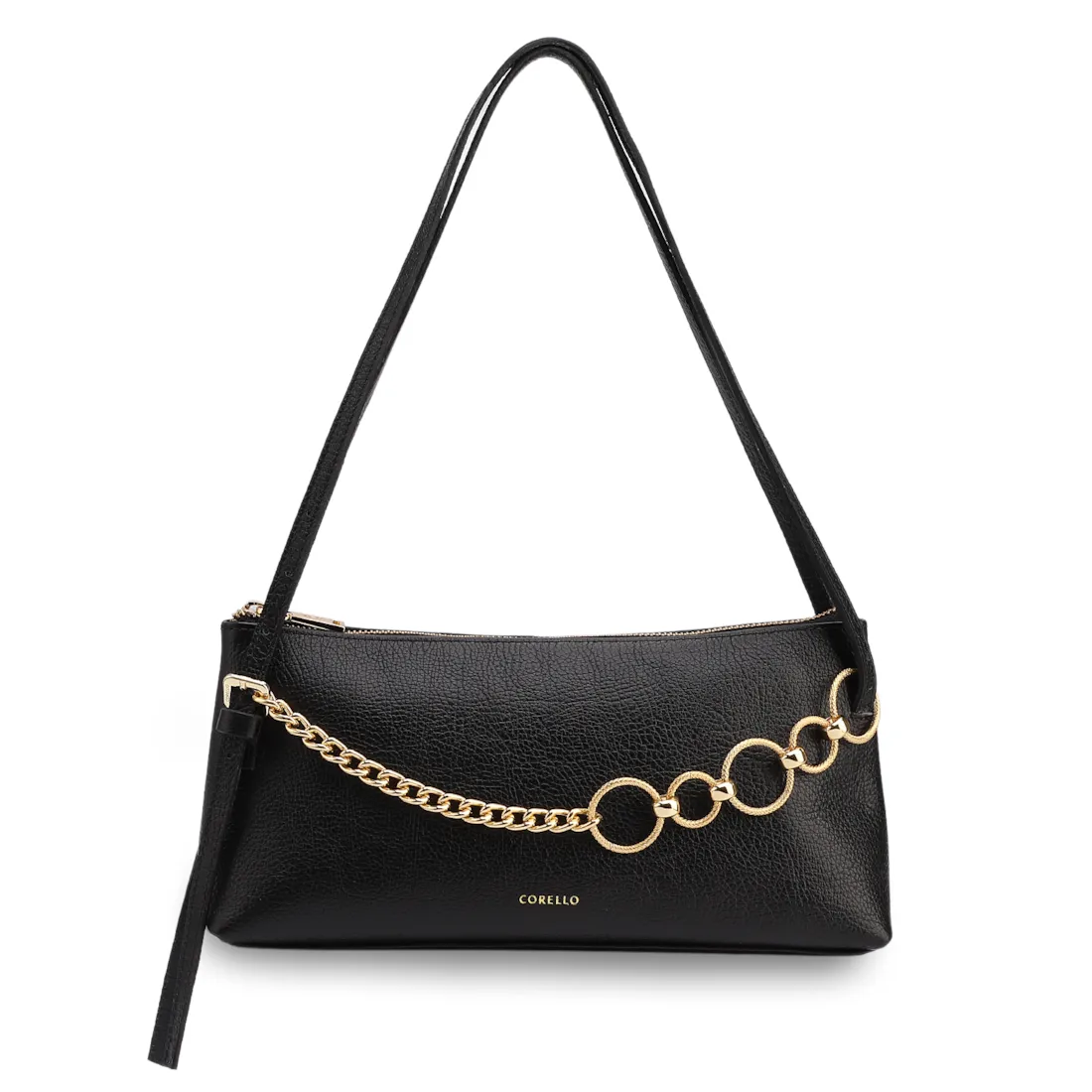 Bolsa De Ombro Média Couro Antique Preta Corrente Frontal Dourada