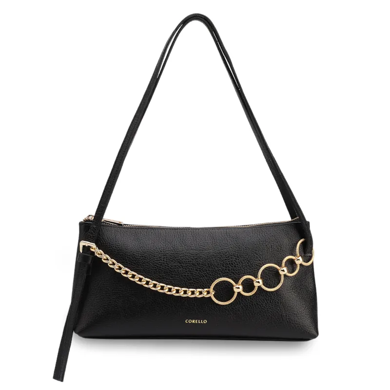 Bolsa De Ombro Média Couro Antique Preta Corrente Frontal Dourada