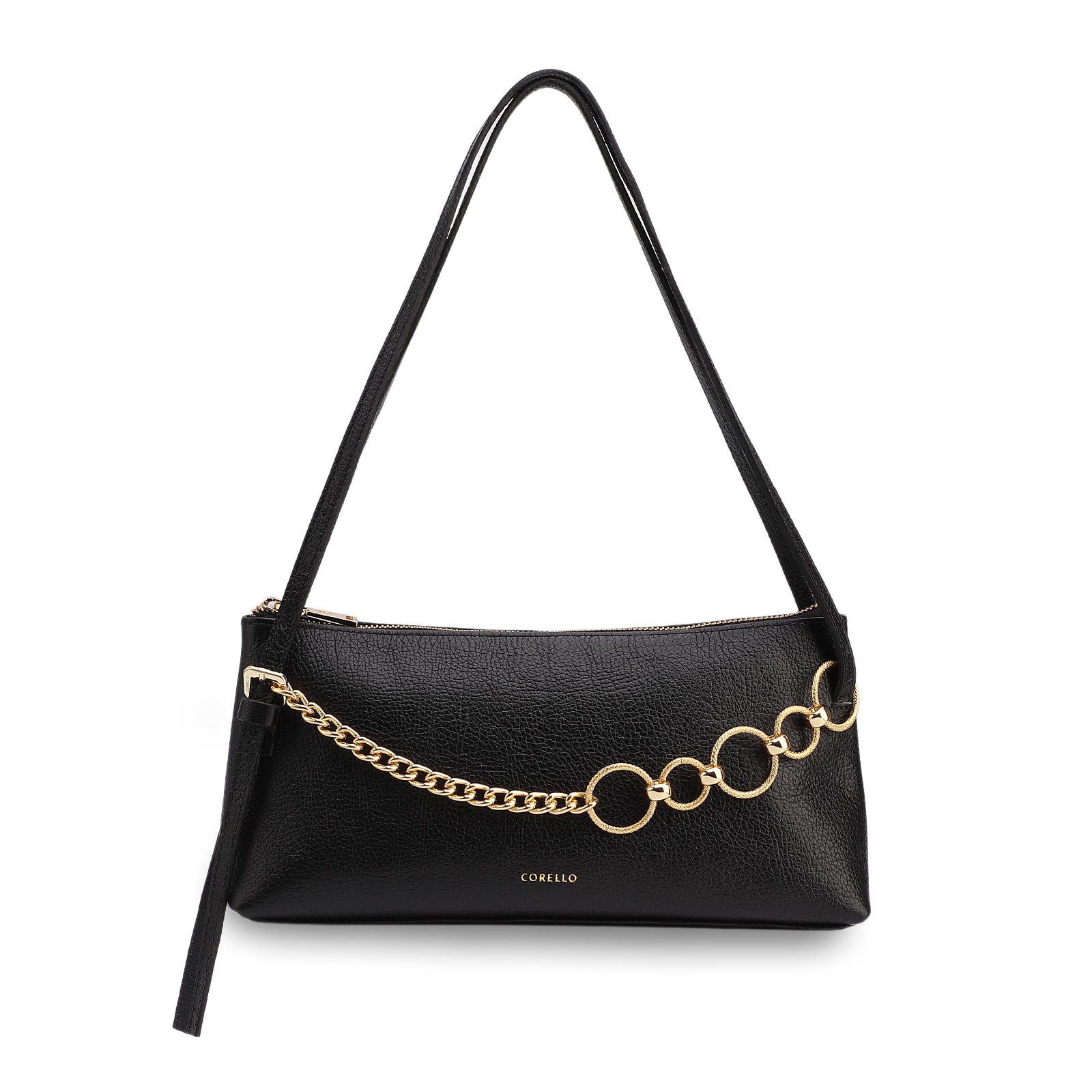 Bolsa De Ombro Média Couro Antique Preta Corrente Frontal Dourada