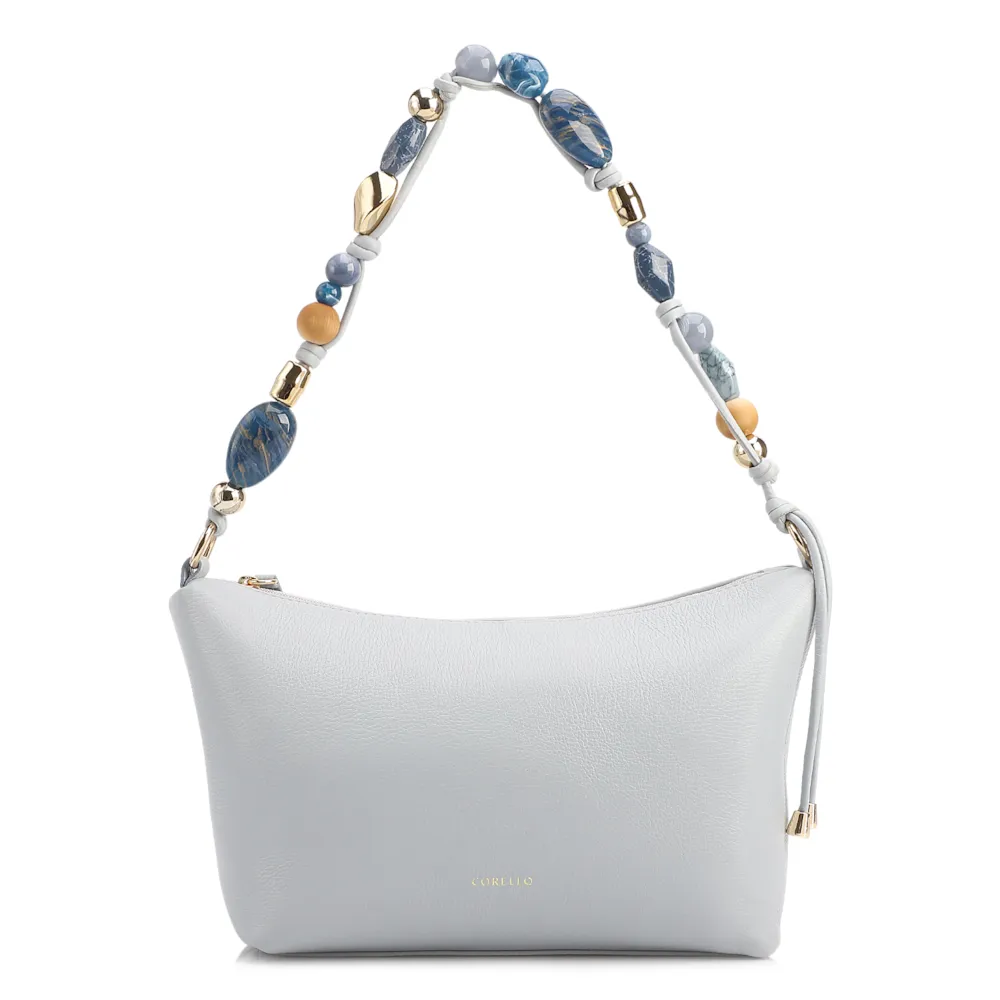 Bolsa De Ombro Média Couro Azul Alça Pedras