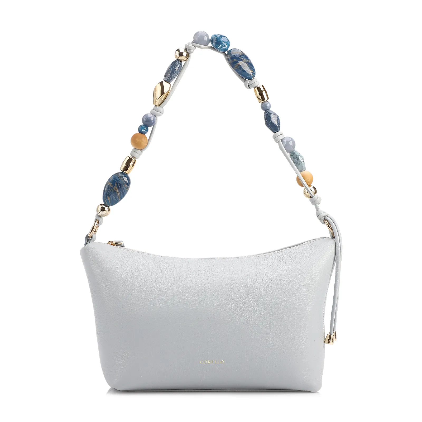 Bolsa De Ombro Média Couro Azul Alça Pedras