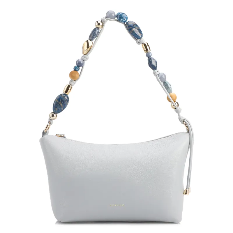 Bolsa De Ombro Média Couro Azul Alça Pedras