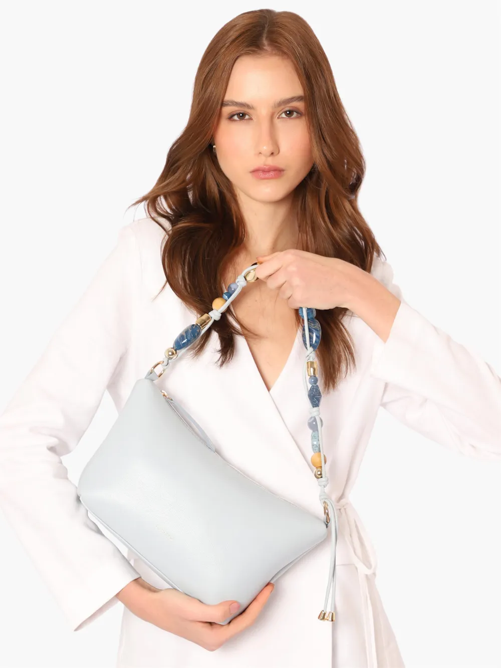 Bolsa De Ombro Média Couro Azul Alça Pedras - imagem 2