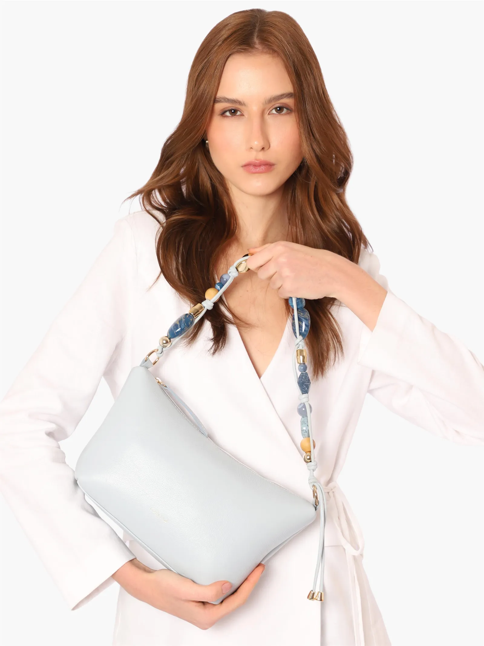 Bolsa De Ombro Média Couro Azul Alça Pedras