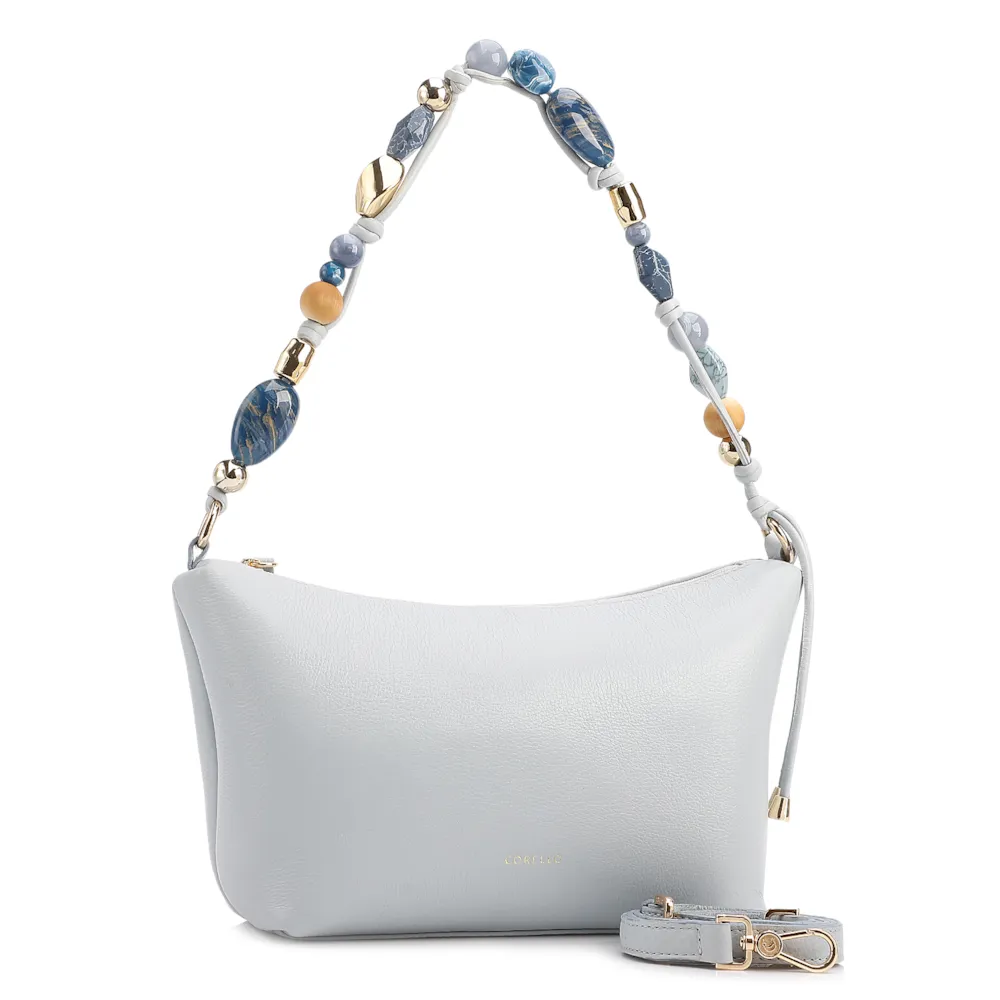Bolsa De Ombro Média Couro Azul Alça Pedras - imagem 3
