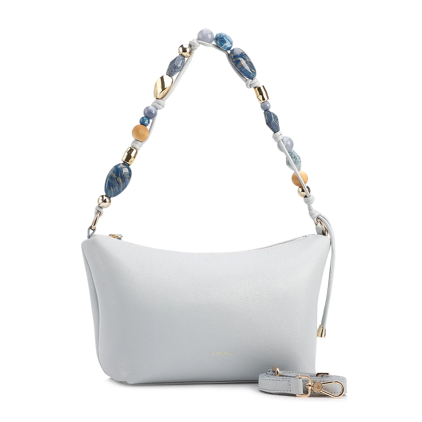 Bolsa De Ombro Média Couro Azul Alça Pedras