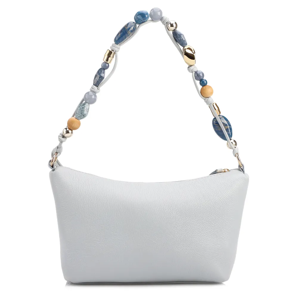Bolsa De Ombro Média Couro Azul Alça Pedras - imagem 4