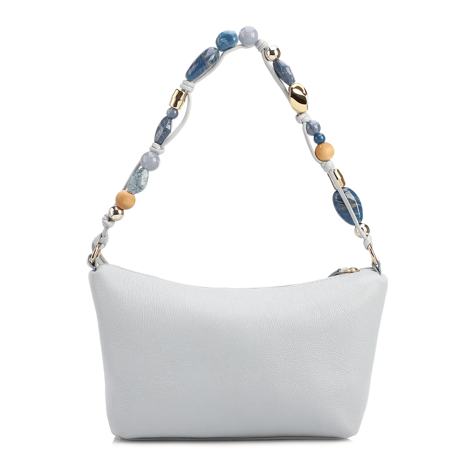Bolsa De Ombro Média Couro Azul Alça Pedras