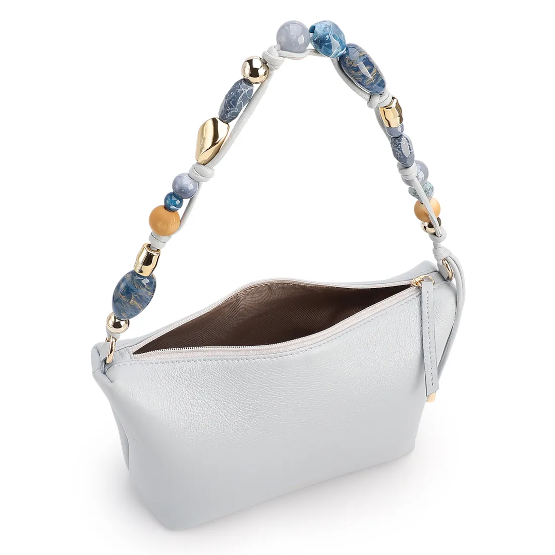 Bolsa De Ombro Média Couro Azul Alça Pedras - foto 5