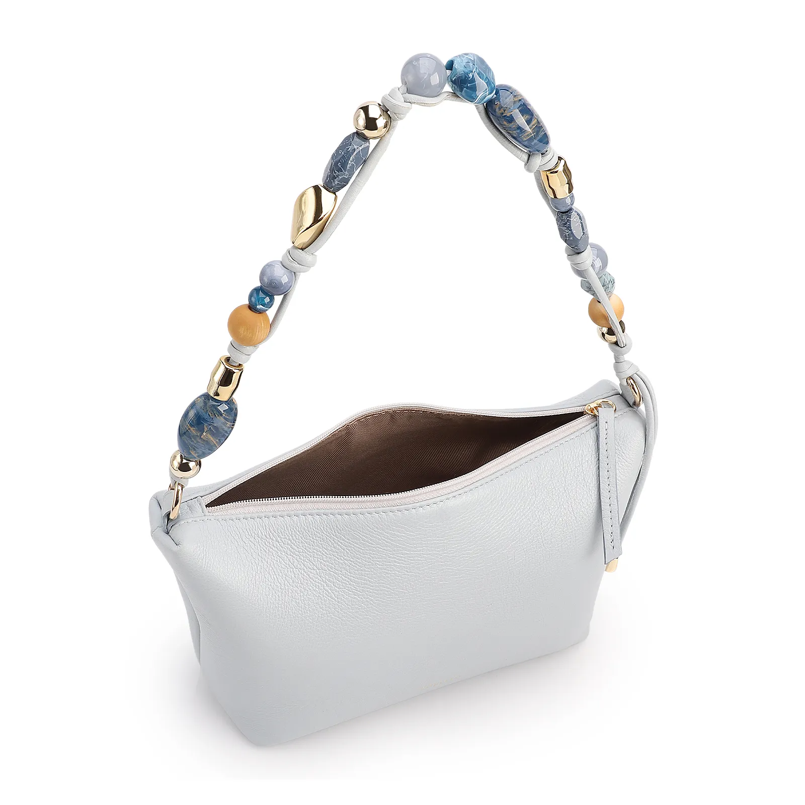 Bolsa De Ombro Média Couro Azul Alça Pedras
