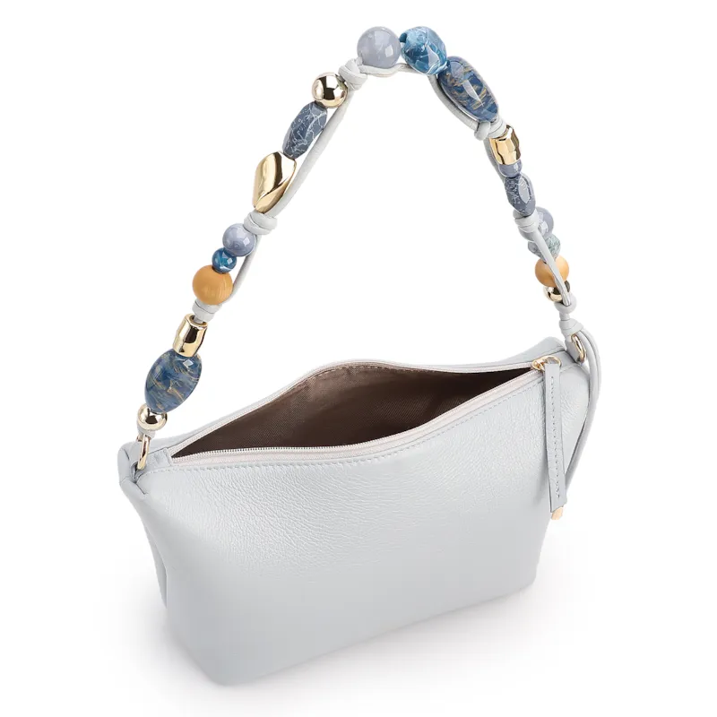 Bolsa De Ombro Média Couro Azul Alça Pedras - foto 5