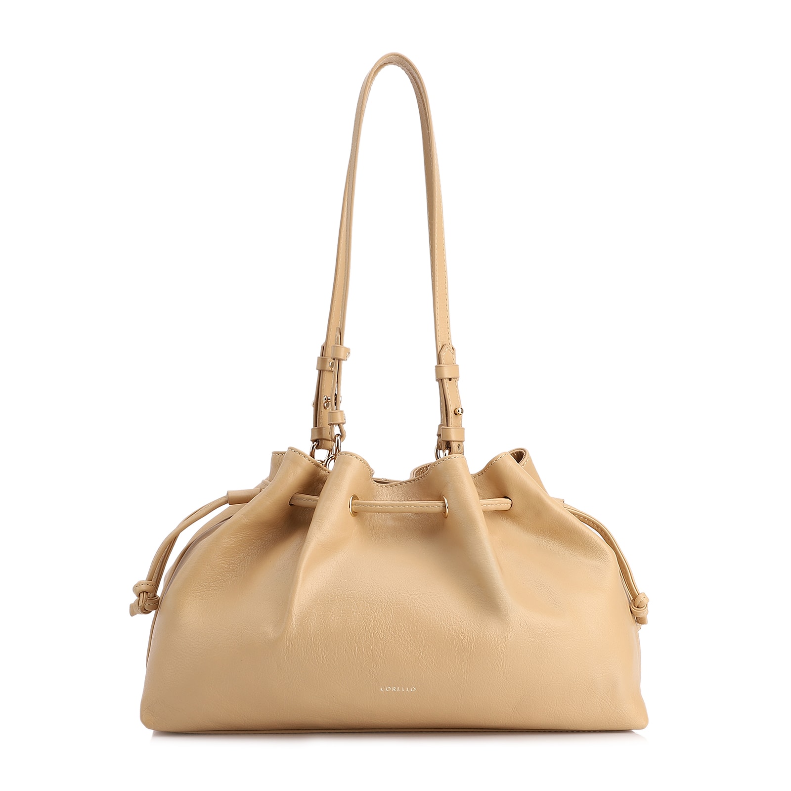 Bolsa De Ombro Média Couro Bege Franzida