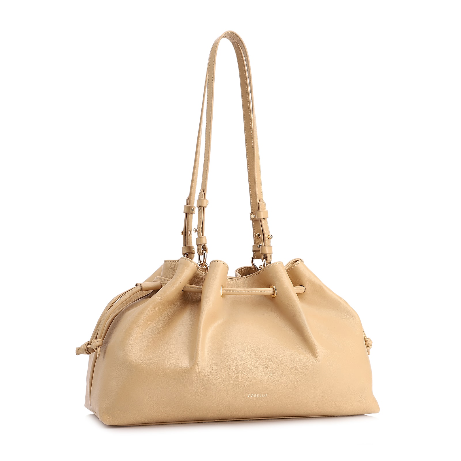 Bolsa De Ombro Média Couro Bege Franzida