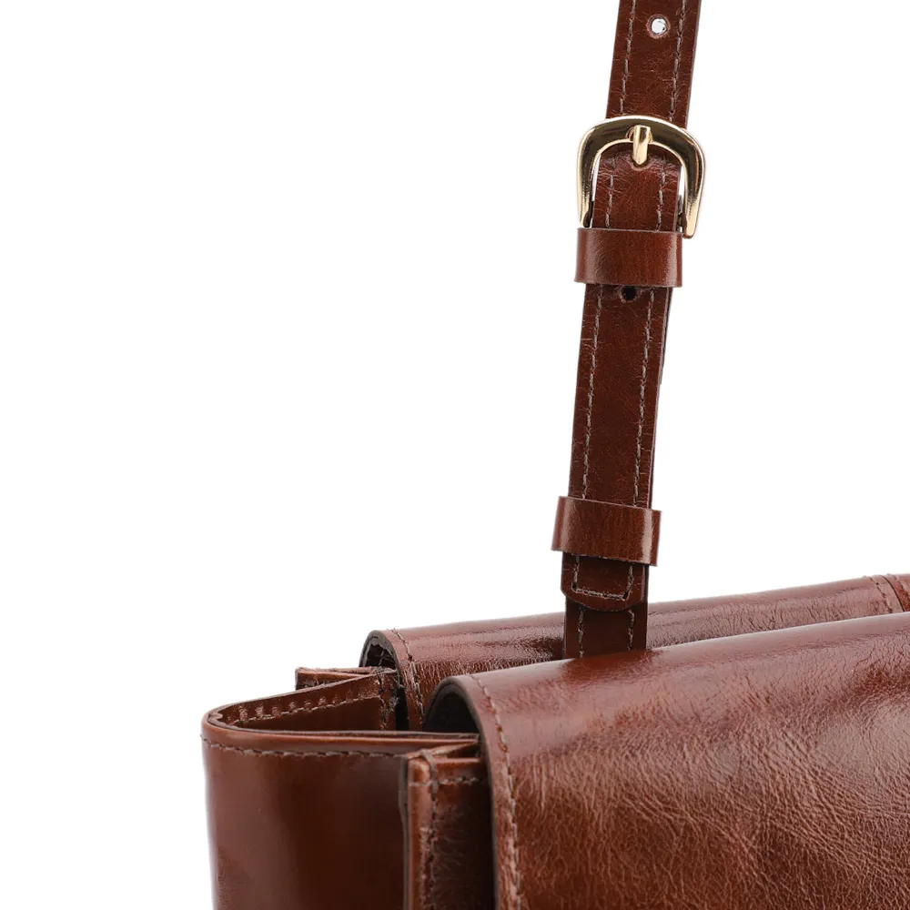 Bolsa De Ombro Média Couro Marrom Dupla Aba - imagem 5