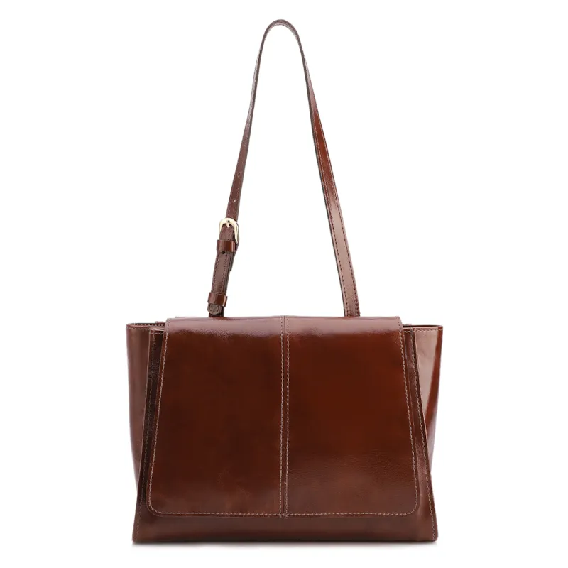 Bolsa De Ombro Média Couro Marrom Dupla Aba
