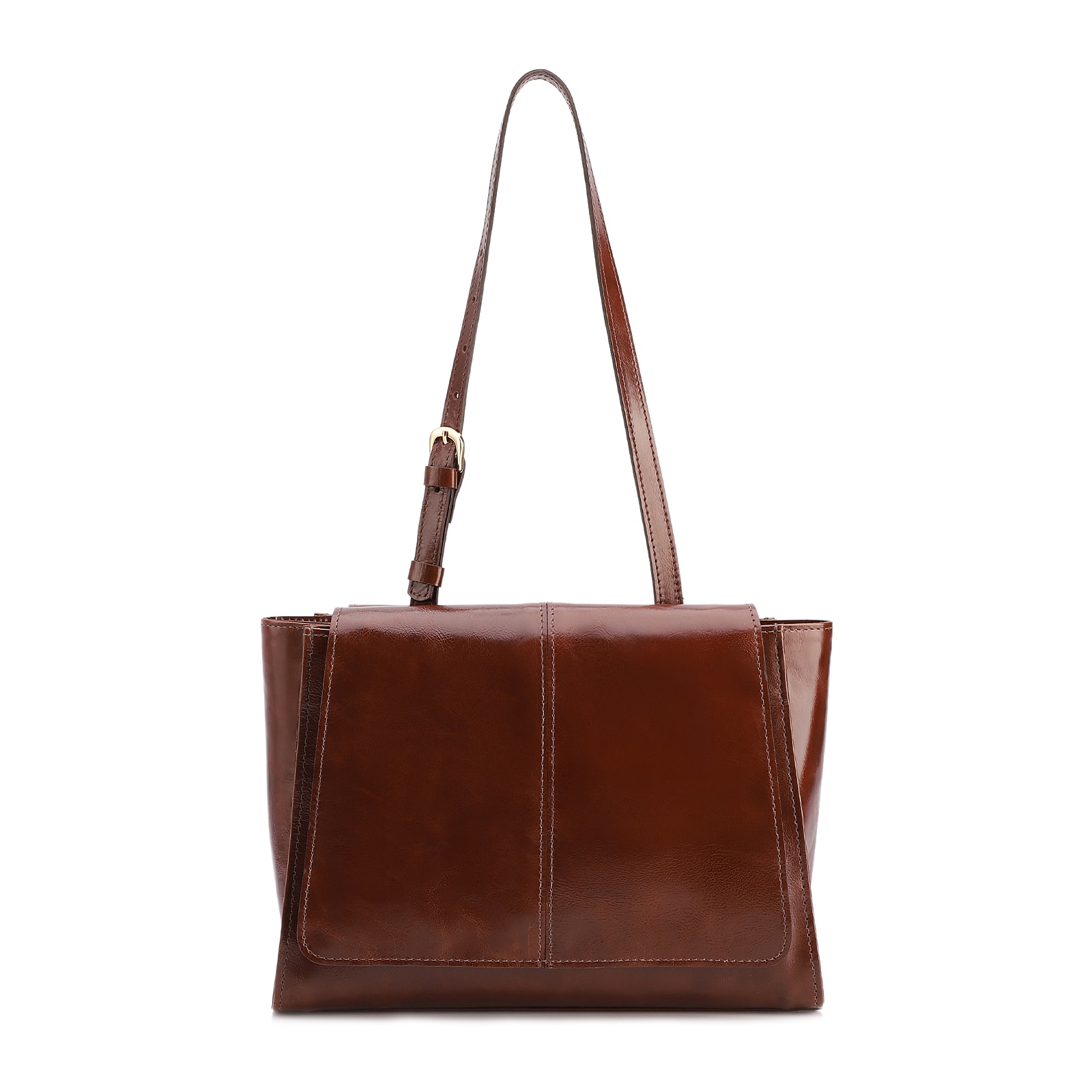 Bolsa De Ombro Média Couro Marrom Dupla Aba