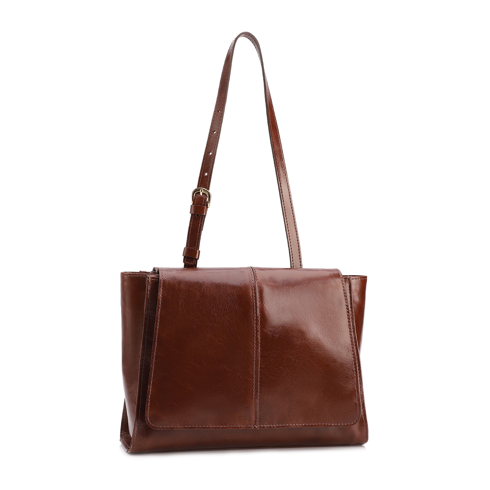 Bolsa De Ombro Média Couro Marrom Dupla Aba