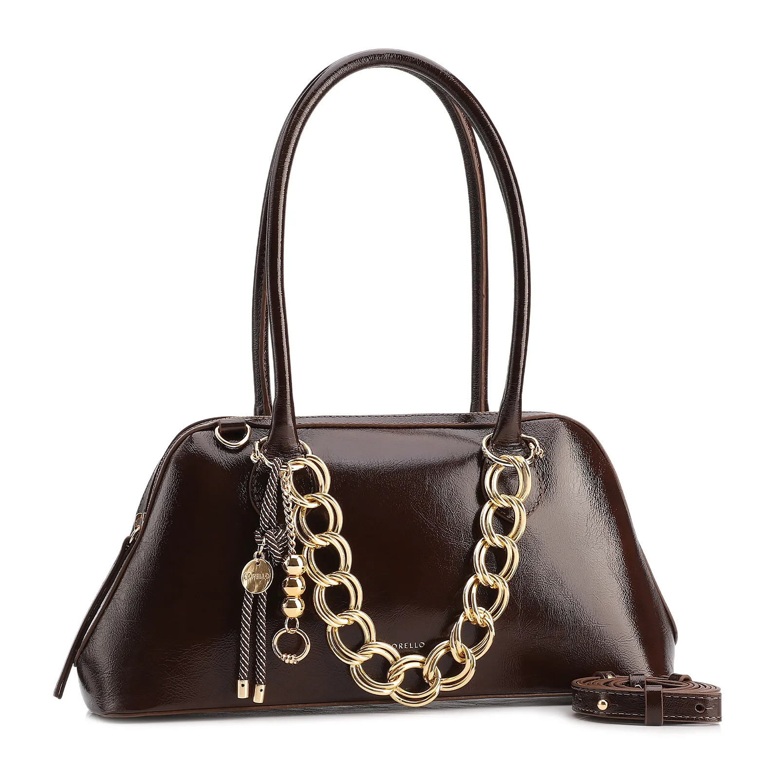Bolsa De Ombro Média Couro Marrom Dupla Corrente Frontal