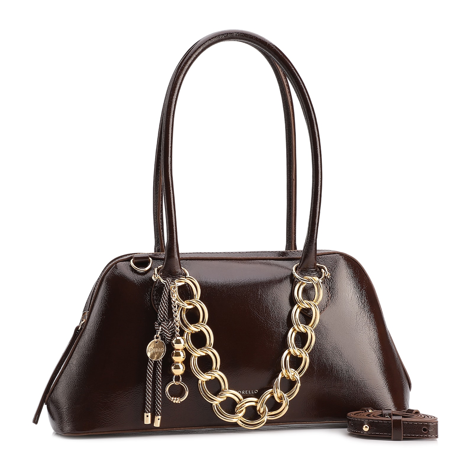 Bolsa De Ombro Média Couro Marrom Dupla Corrente Frontal