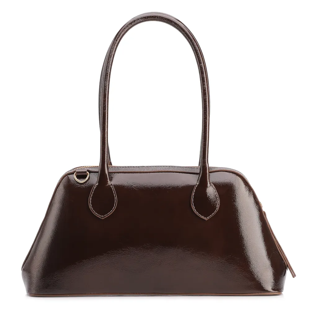 Bolsa De Ombro Média Couro Marrom Dupla Corrente Frontal - imagem 4