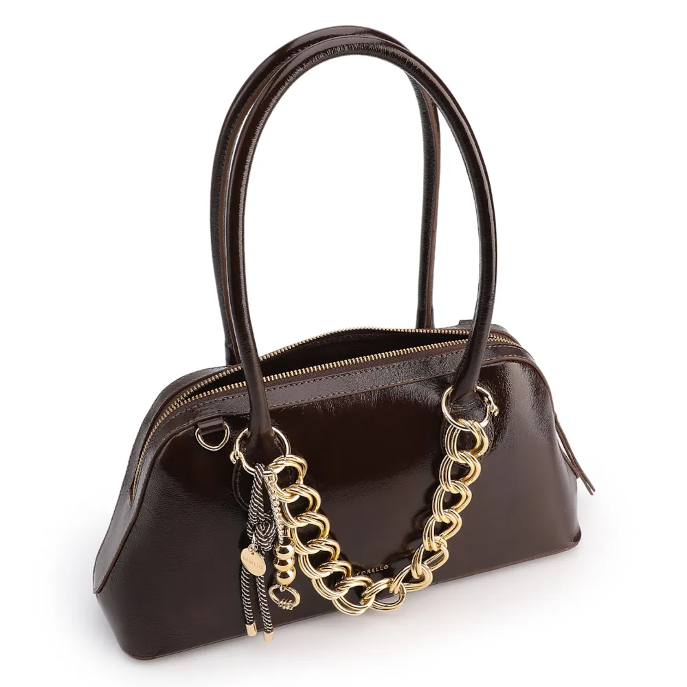Bolsa De Ombro Média Couro Marrom Dupla Corrente Frontal - imagem 5