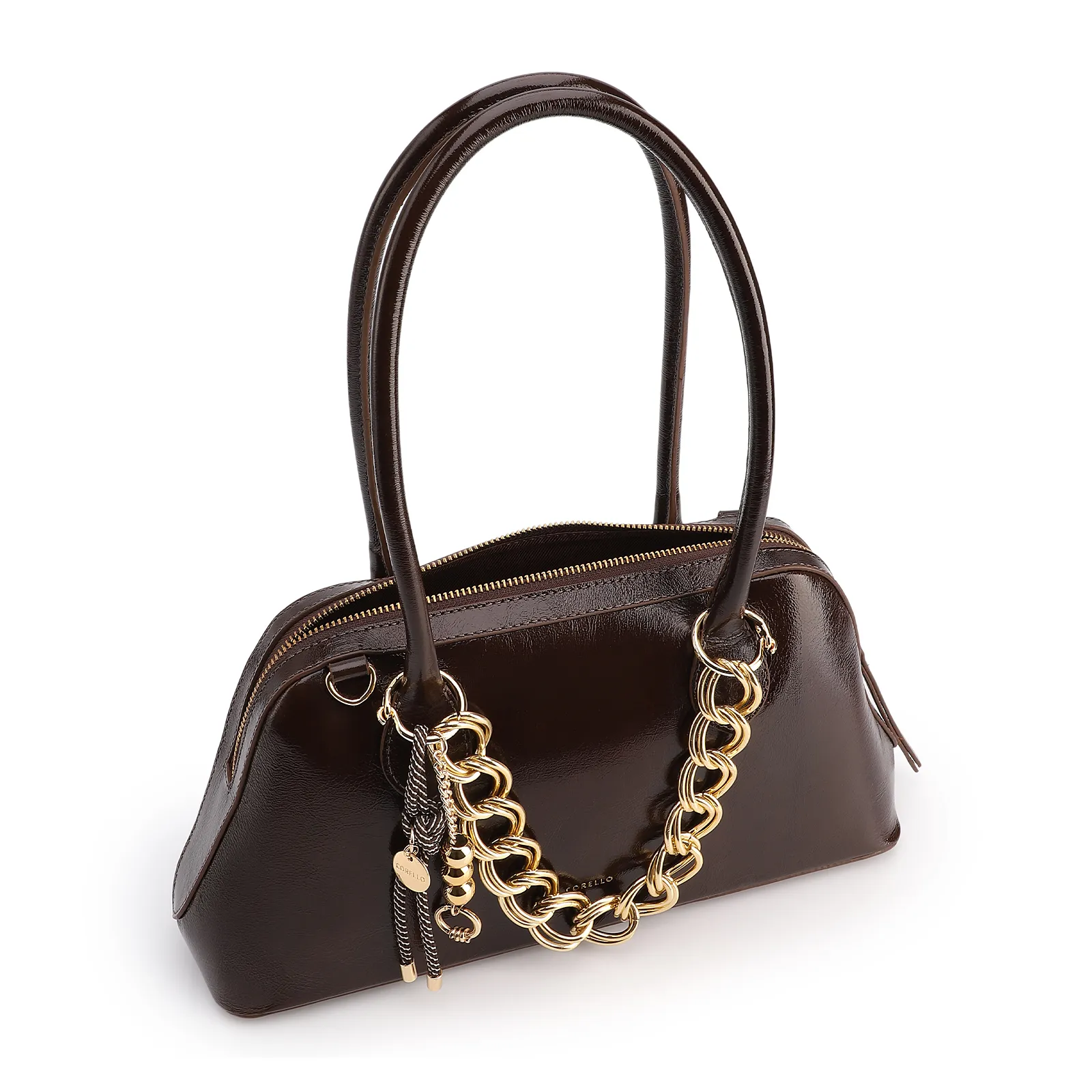 Bolsa De Ombro Média Couro Marrom Dupla Corrente Frontal
