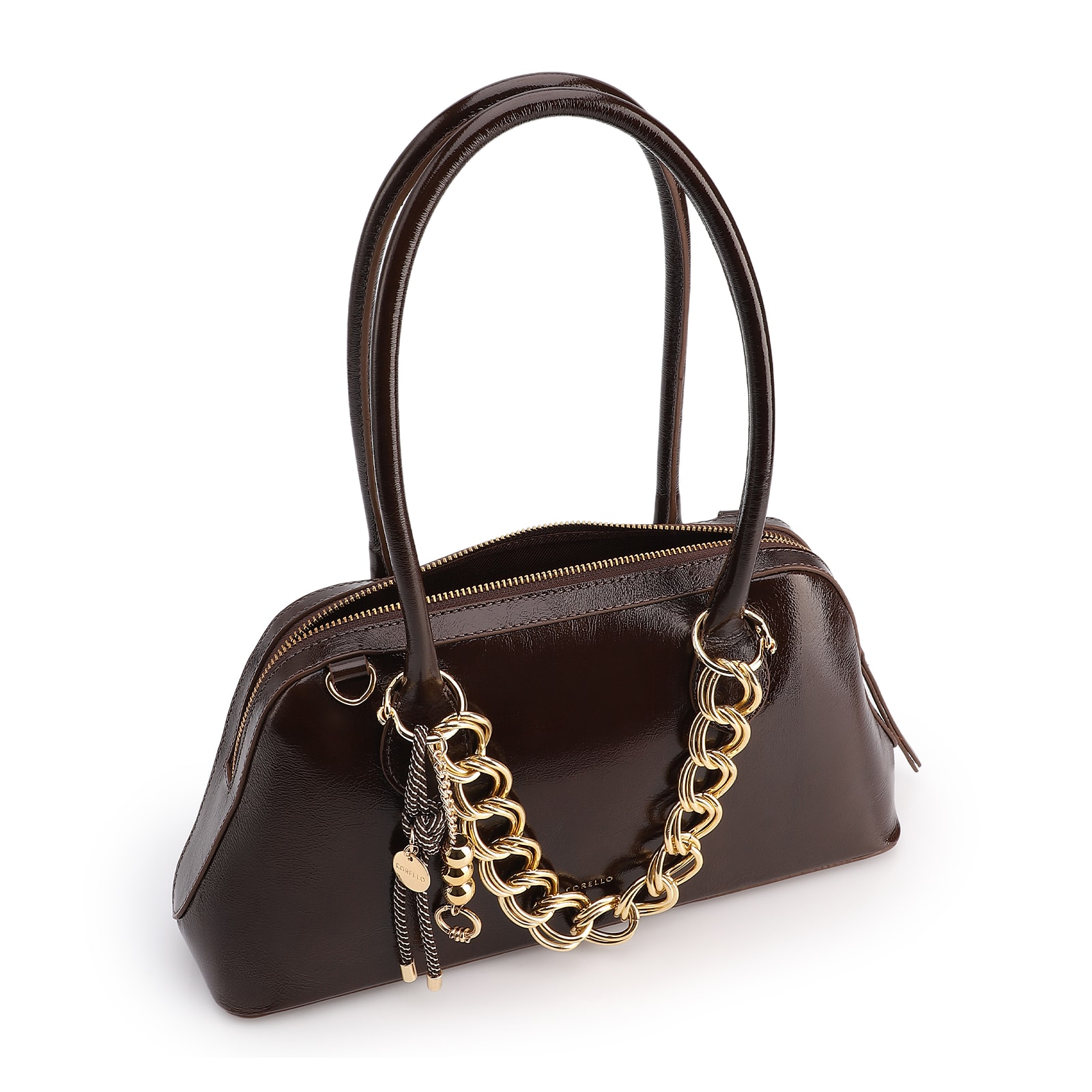 Bolsa De Ombro Média Couro Marrom Dupla Corrente Frontal