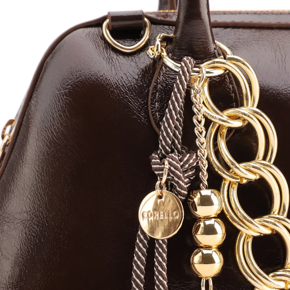 Bolsa De Ombro Média Couro Marrom Dupla Corrente Frontal - imagem 6