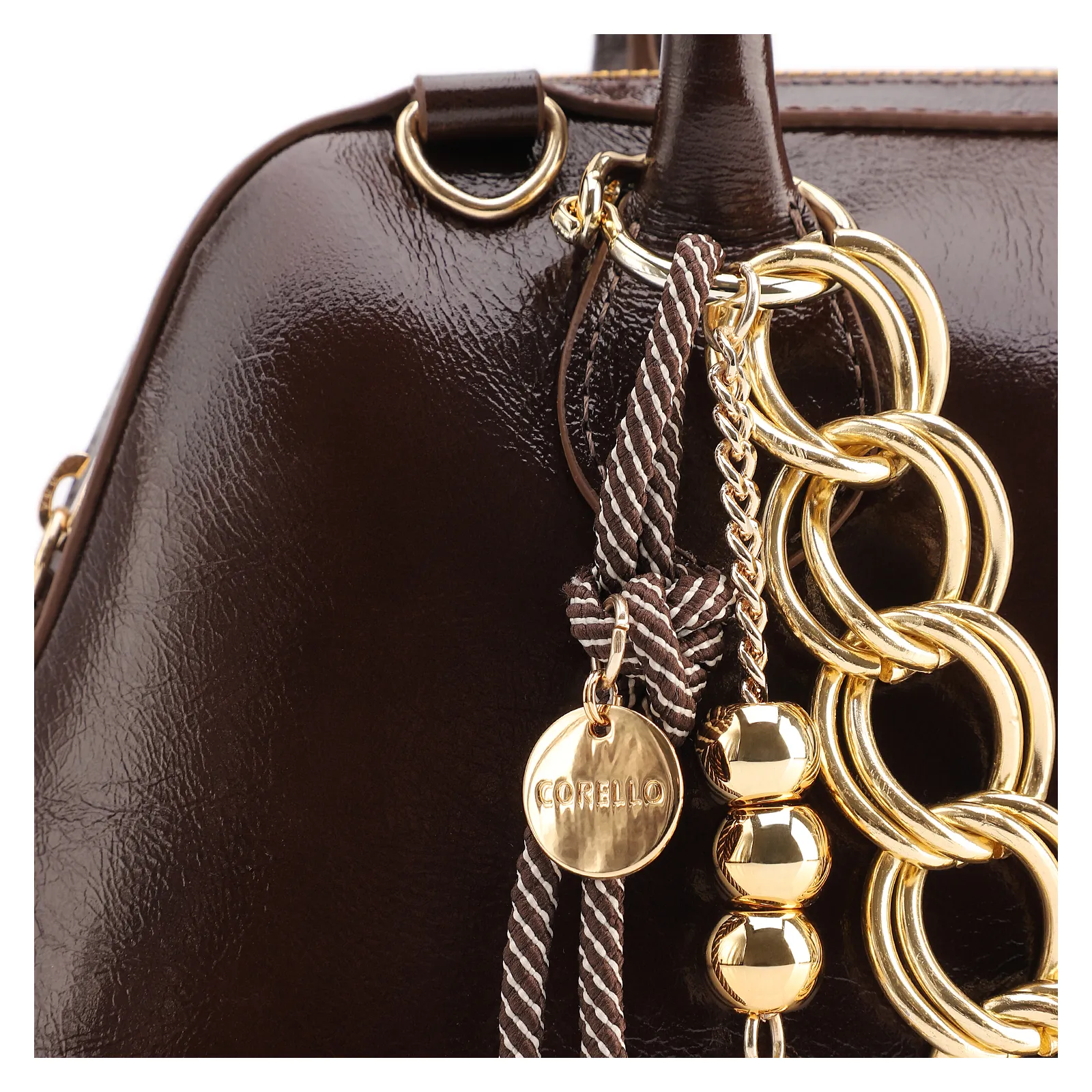 Bolsa De Ombro Média Couro Marrom Dupla Corrente Frontal