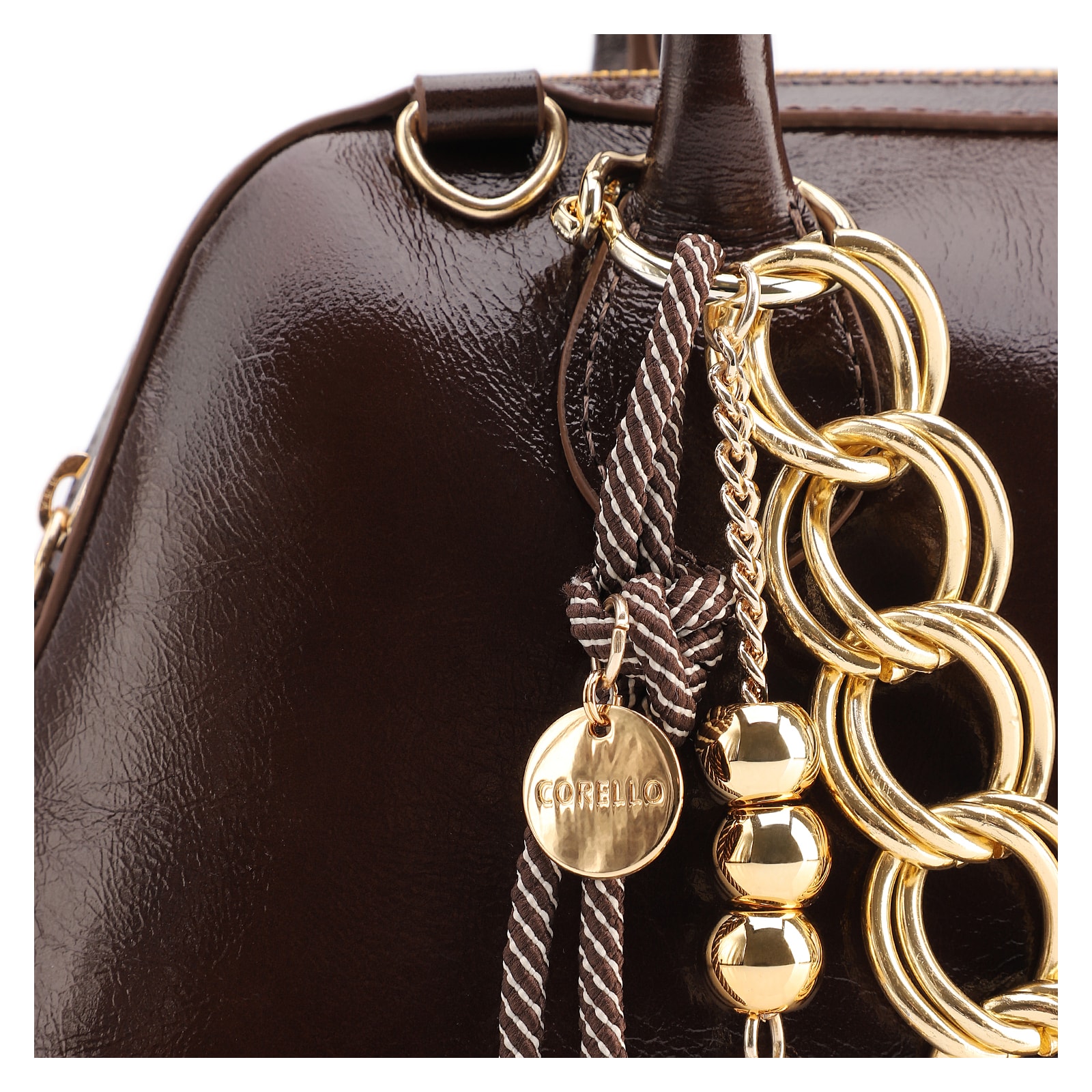 Bolsa De Ombro Média Couro Marrom Dupla Corrente Frontal