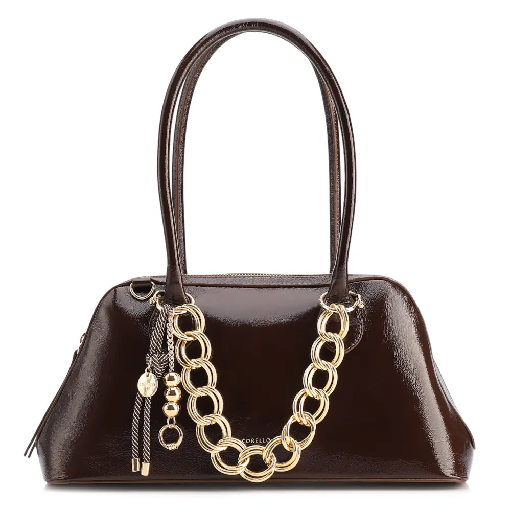 Bolsa De Ombro Média Couro Marrom Dupla Corrente Frontal
