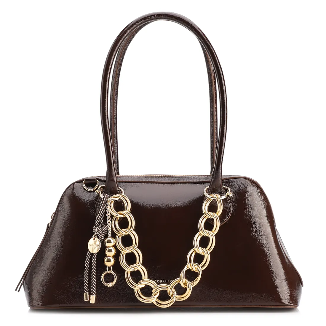 Bolsa De Ombro Média Couro Marrom Dupla Corrente Frontal