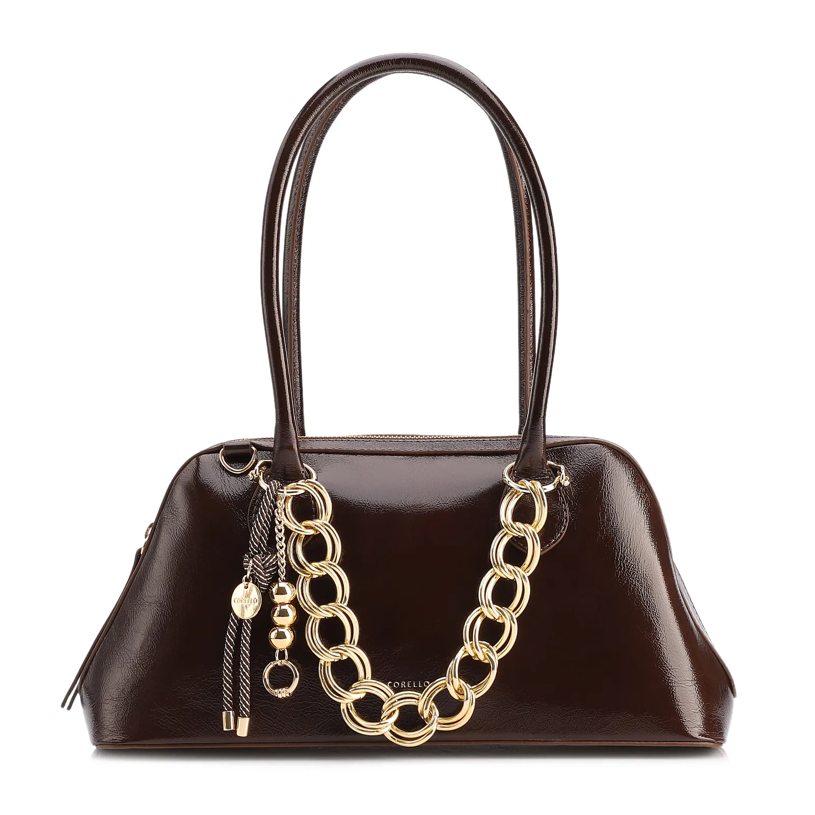 Bolsa De Ombro Média Couro Marrom Dupla Corrente Frontal