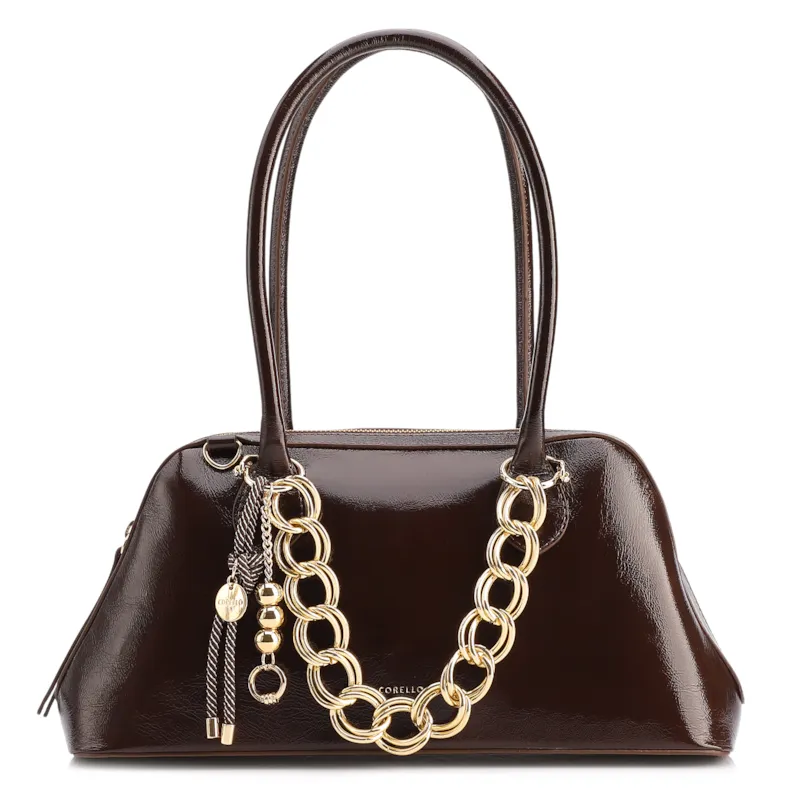 Bolsa De Ombro Média Couro Marrom Dupla Corrente Frontal
