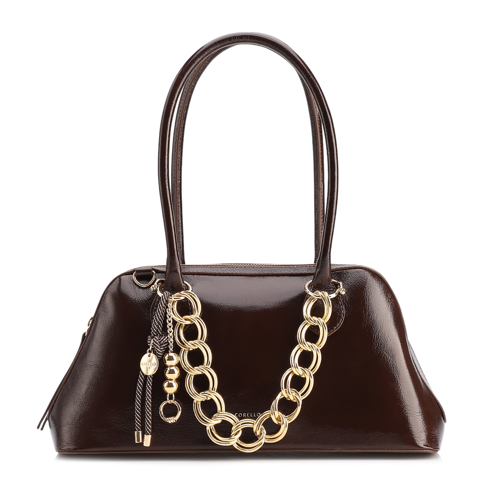 Bolsa De Ombro Média Couro Marrom Dupla Corrente Frontal