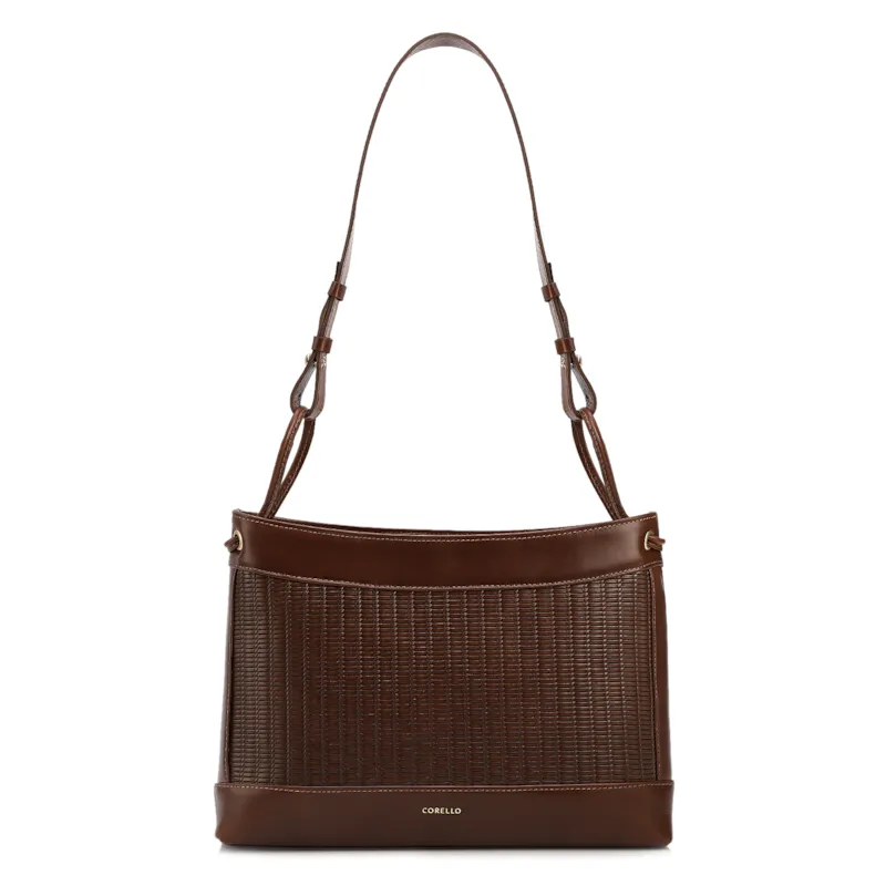  Bolsa De Ombro Média Couro Marrom Escuro Rattan