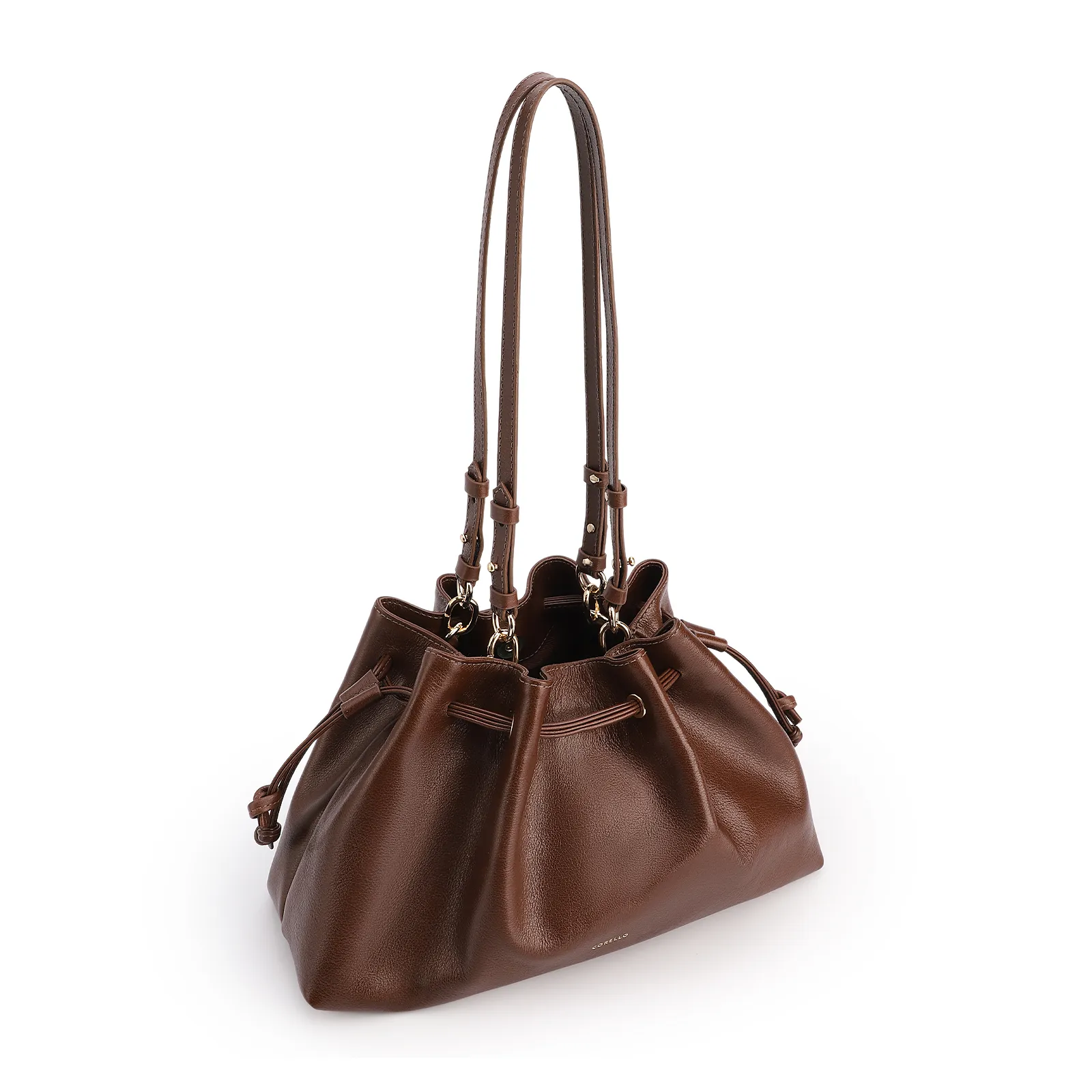 Bolsa De Ombro Média Couro Marrom Franzida