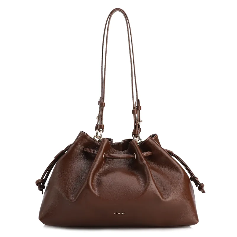 Bolsa De Ombro Média Couro Marrom Franzida