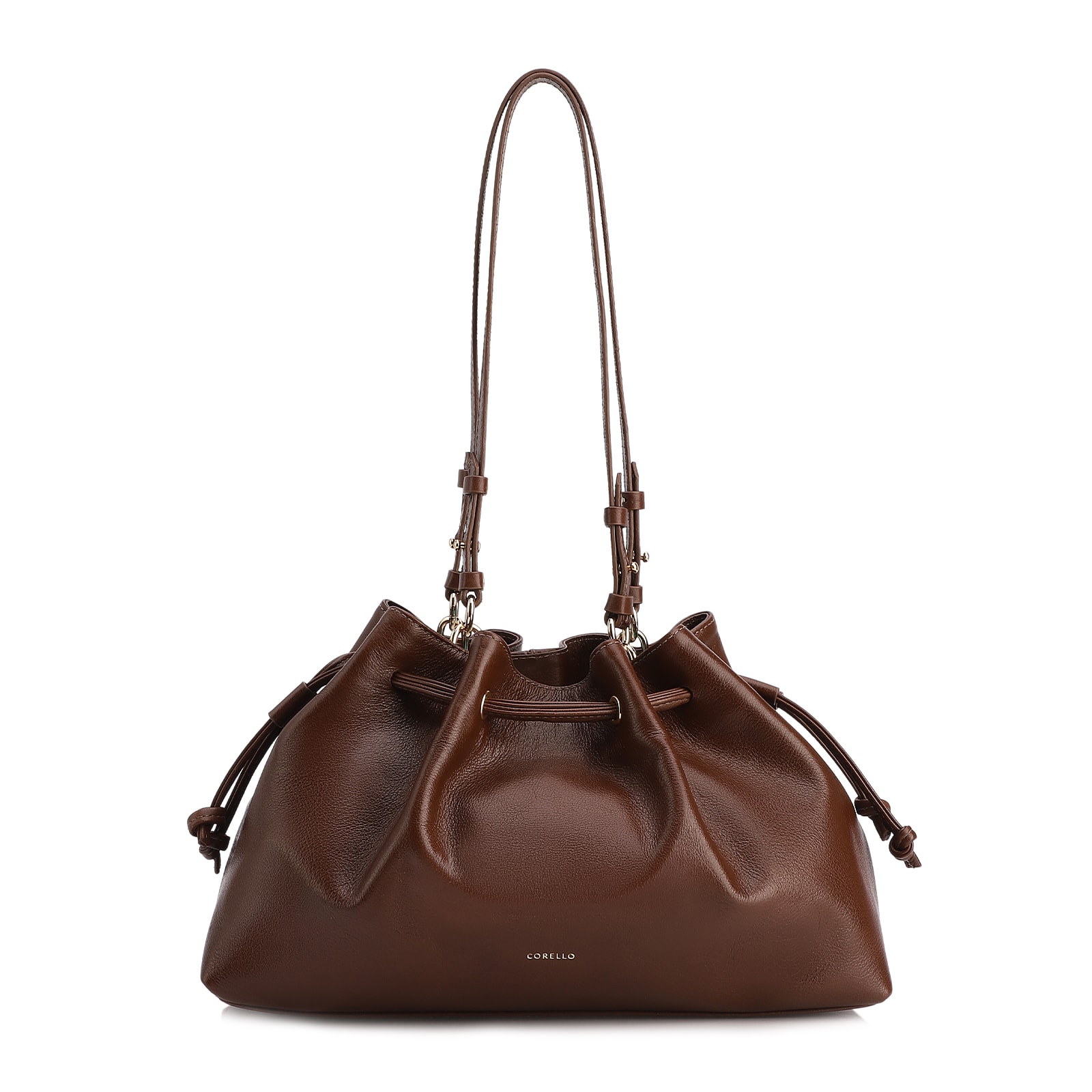 Bolsa De Ombro Média Couro Marrom Franzida