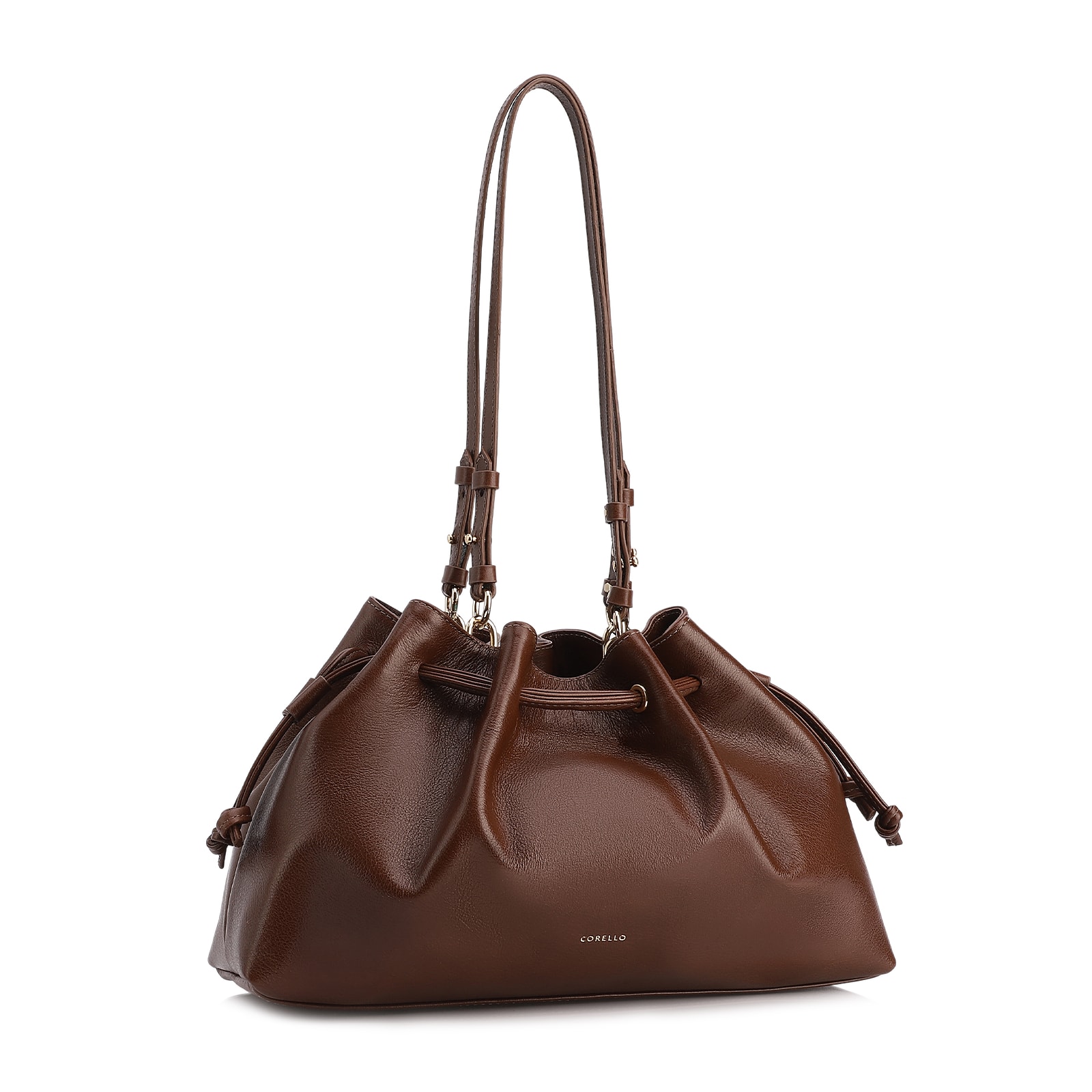 Bolsa De Ombro Média Couro Marrom Franzida