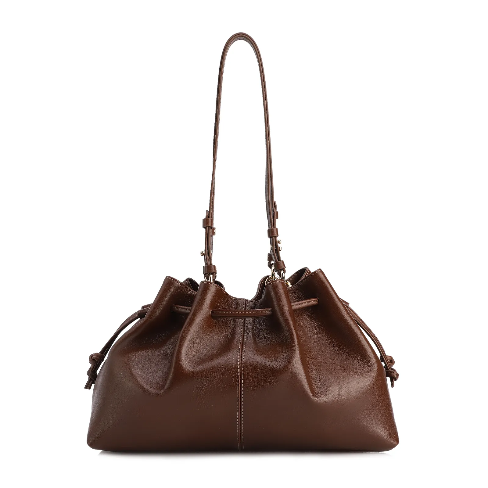  Bolsa De Ombro Média Couro Marrom Franzida