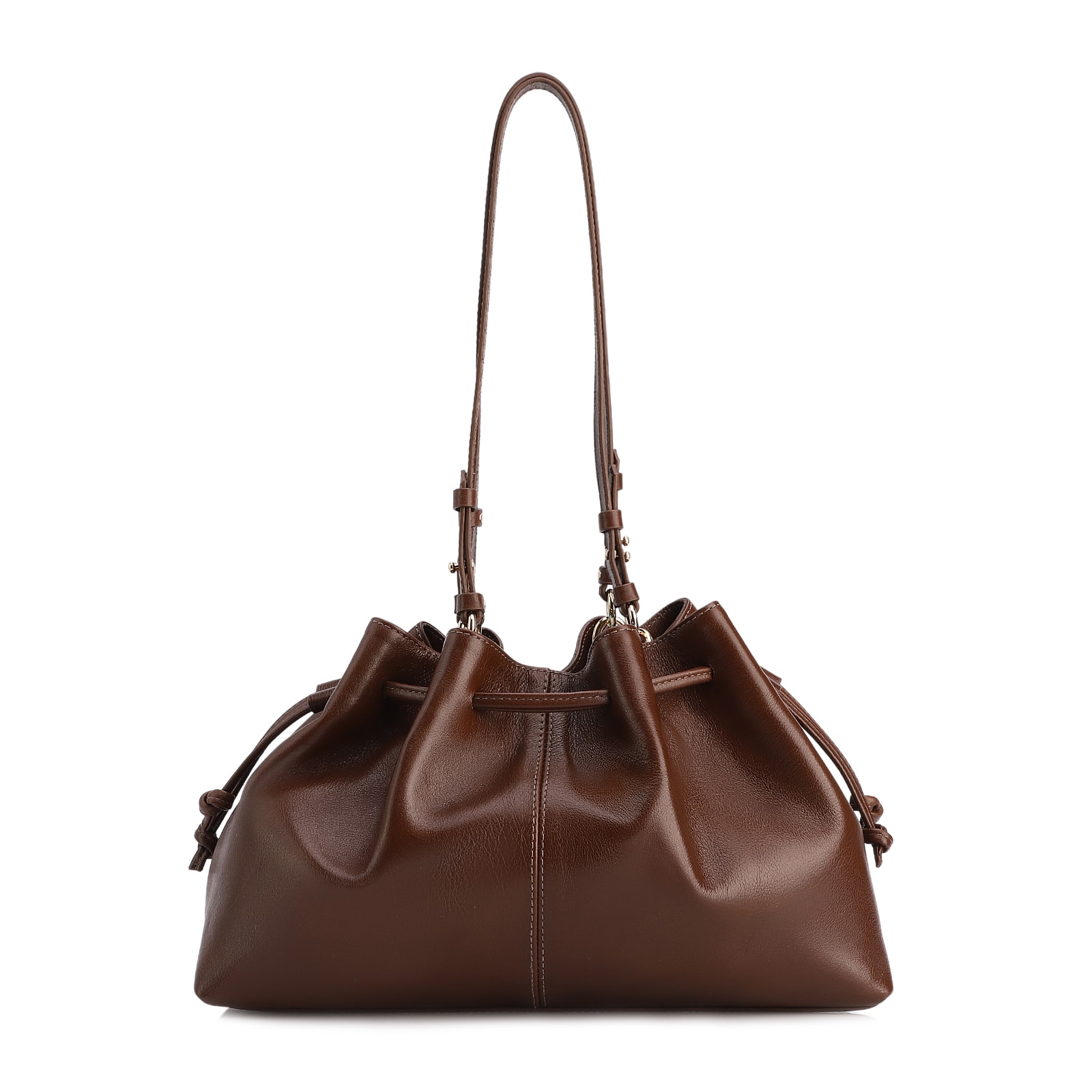 Bolsa De Ombro Média Couro Marrom Franzida