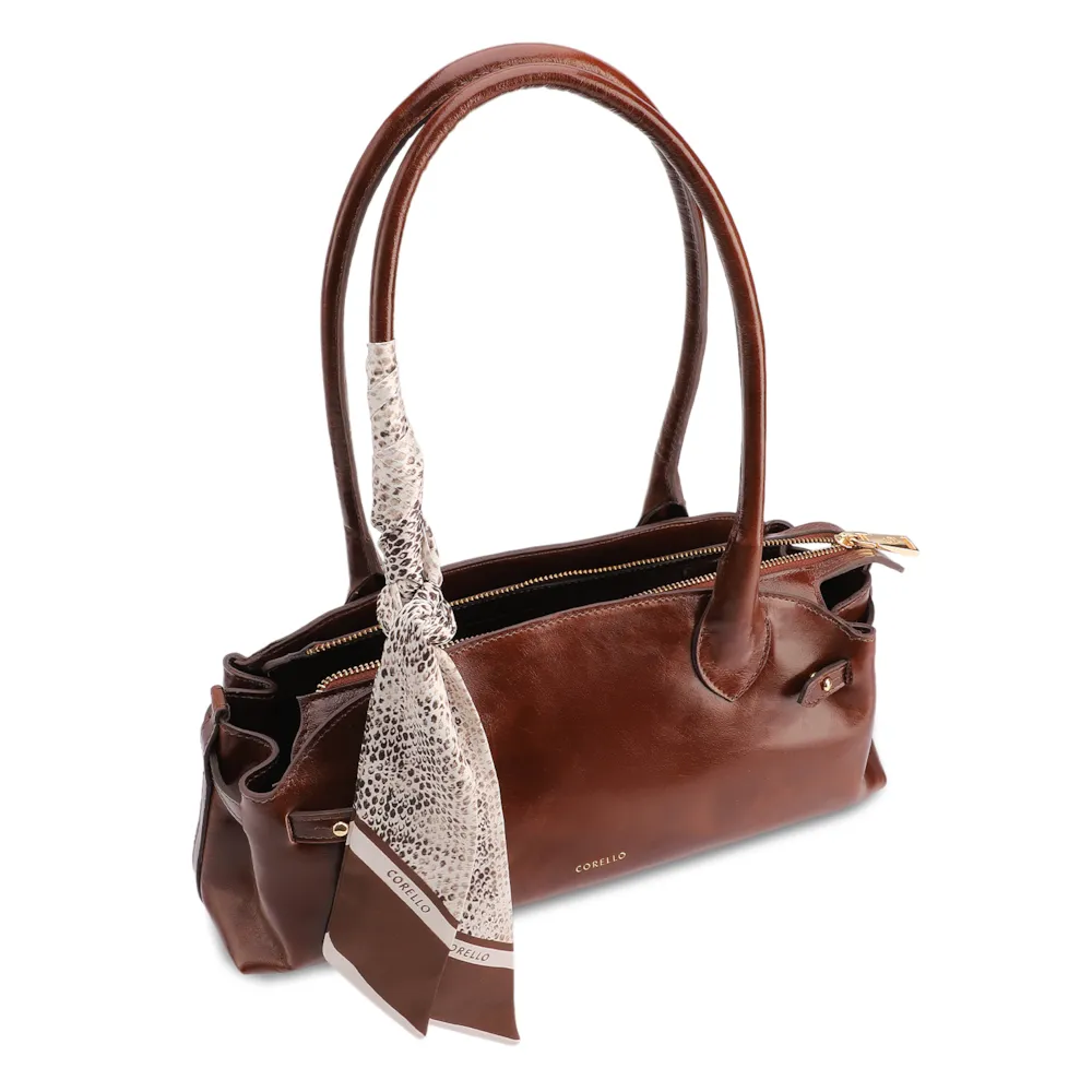 Bolsa De Ombro Média Couro Marrom Lenço Python - imagem 4