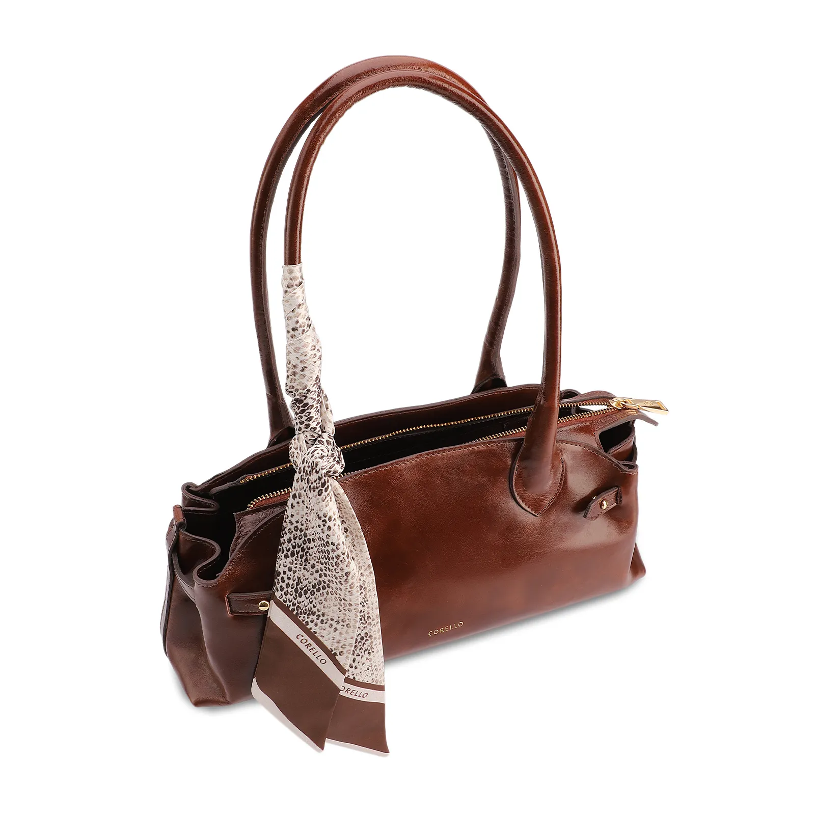 Bolsa De Ombro Média Couro Marrom Lenço Python