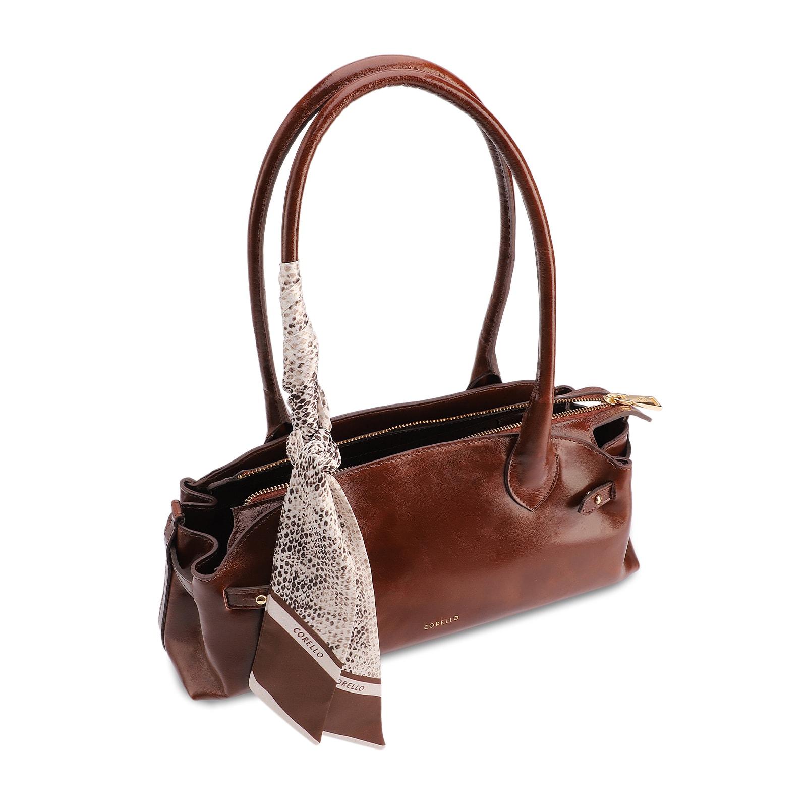 Bolsa De Ombro Média Couro Marrom Lenço Python