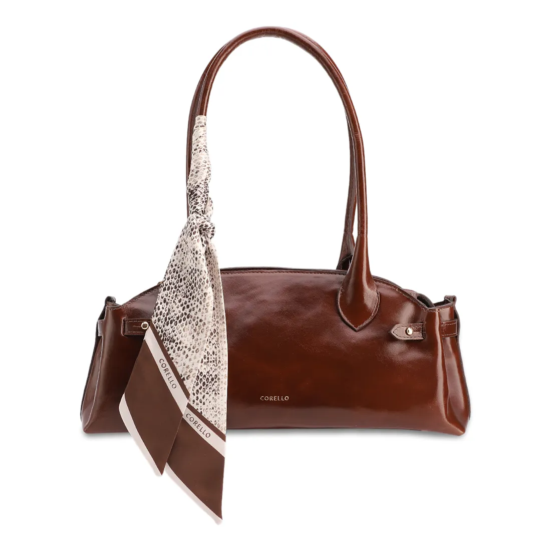 Bolsa De Ombro Média Couro Marrom Lenço Python