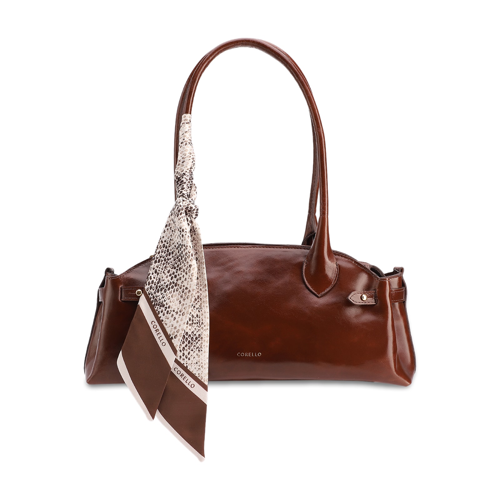 Bolsa De Ombro Média Couro Marrom Lenço Python