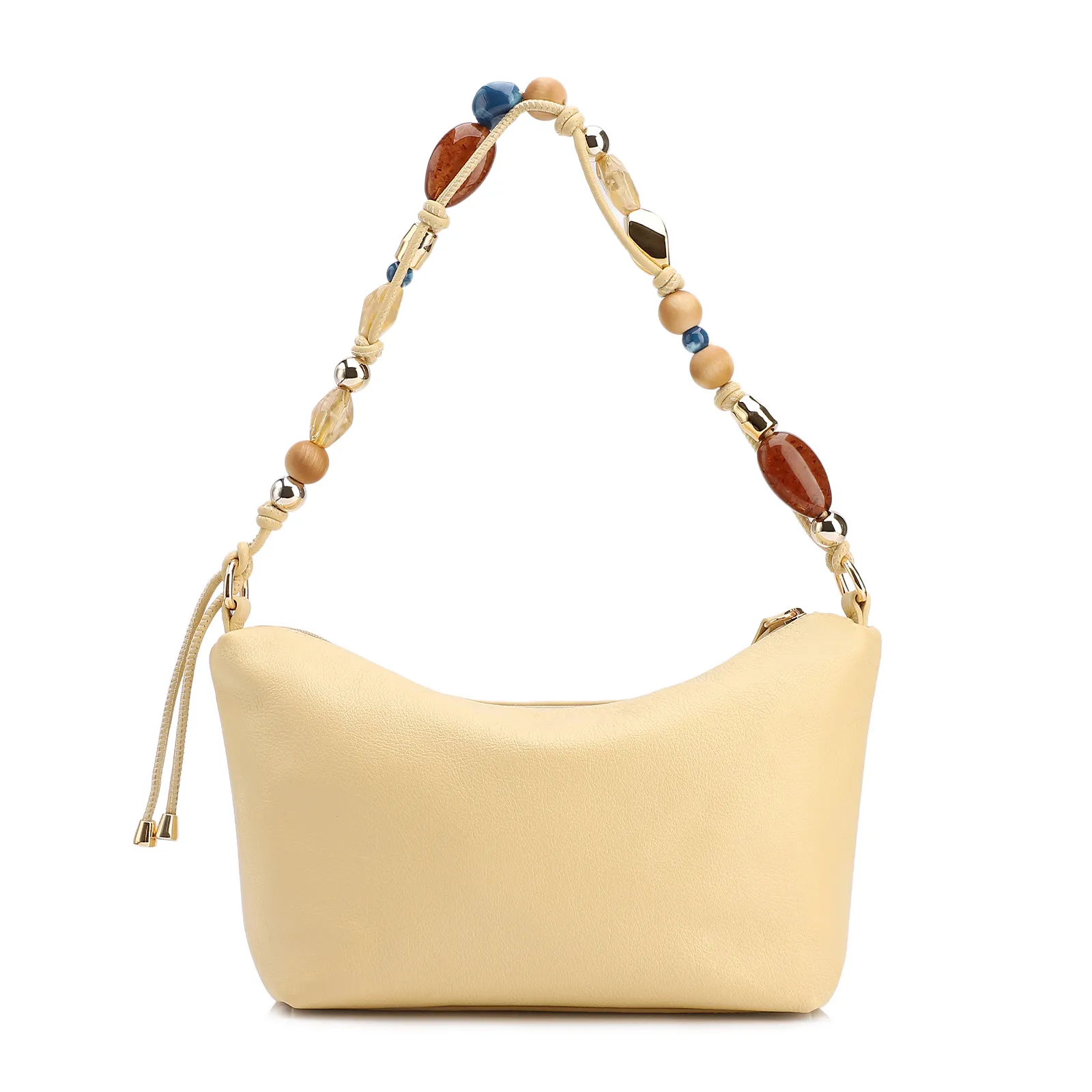 Bolsa De Ombro Média Couro Nobuck Floater /Couro Amarelo Alça Pedras